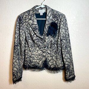 Adrianna Papell Blazer Jacket Womens Size 8 Black Floral Mesh‎ Trim Cocktail